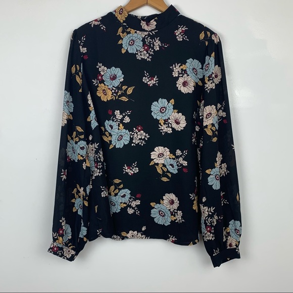 Forever 21 Tops - Forever 21+ High Neck Floral Long Sleeve Blouse 1X Black, Blue, Pink, Yellow